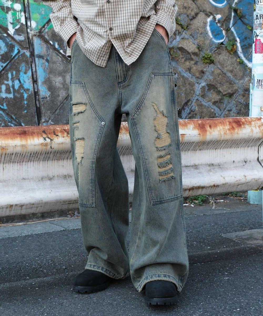 WEGO ダブルニーダメージデニムパンツ 