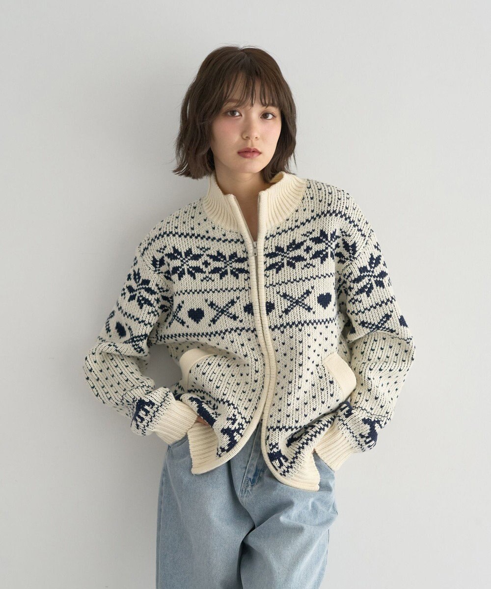 earth music&ecology ダブルzipノルディックカウチンニットカーディガン 