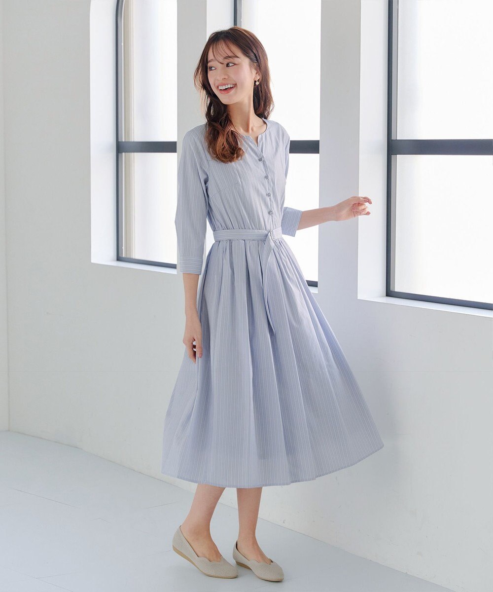 Tiaclasse 【洗える】ベルト付きストライプワンピース 