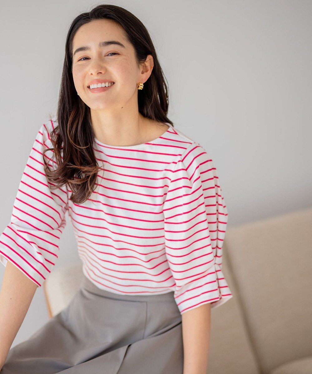 組曲 L 【洗える】プレーティング天竺タックスリーブボーダー カットソー 