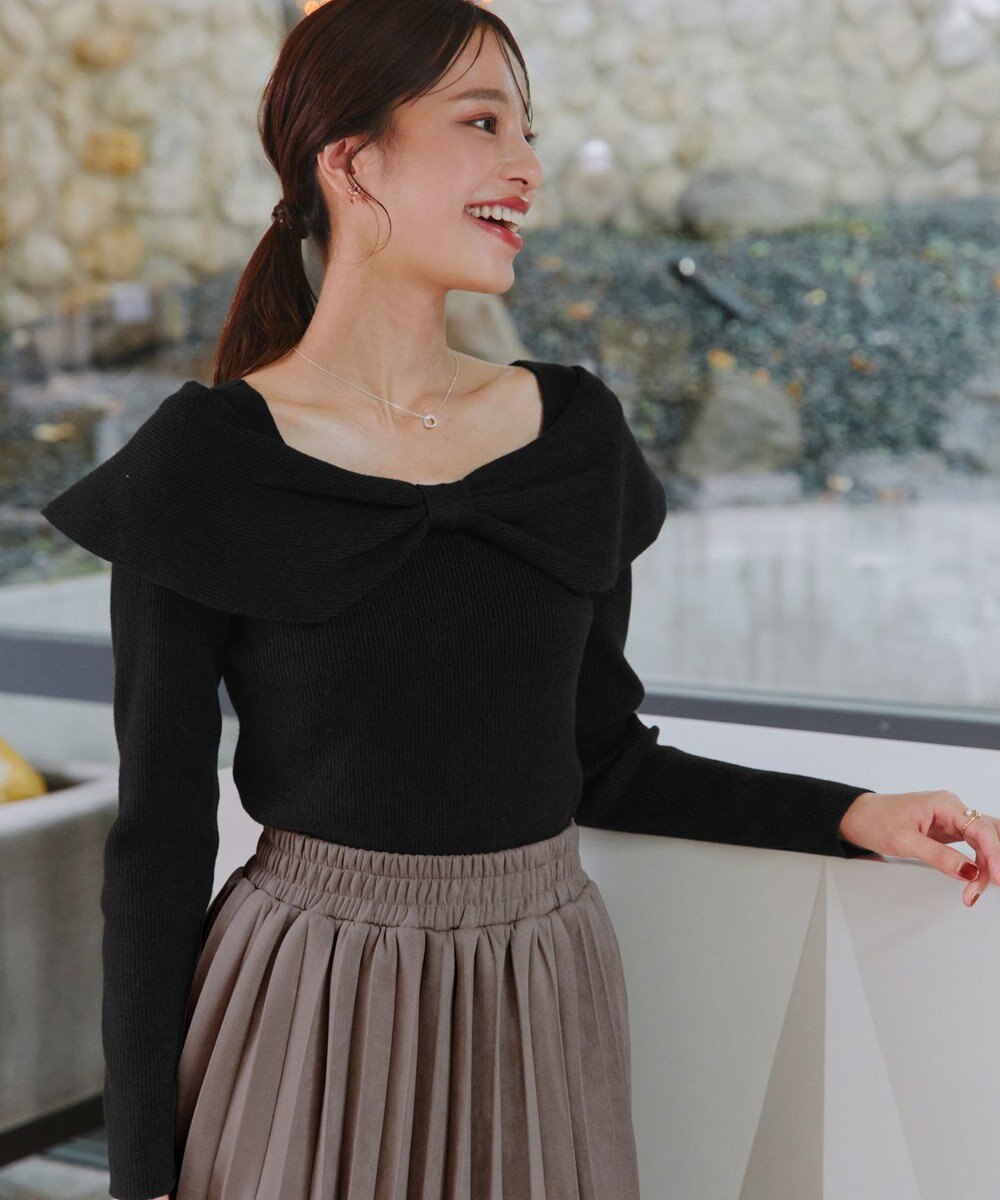 Tiaclasse リボン衿リブニットトップス 