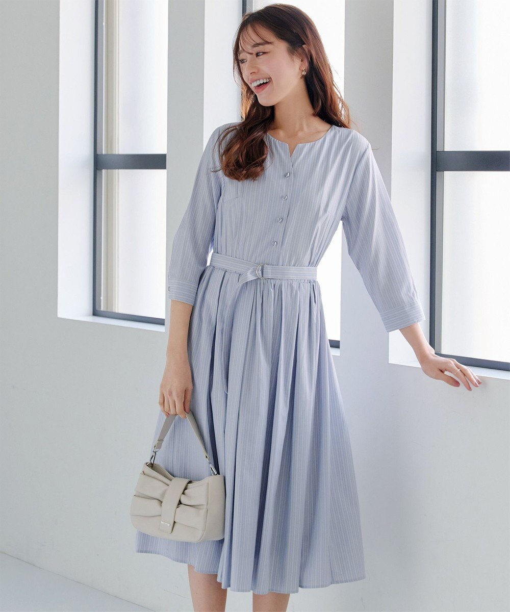 Tiaclasse 【洗える】ベルト付きストライプワンピース 