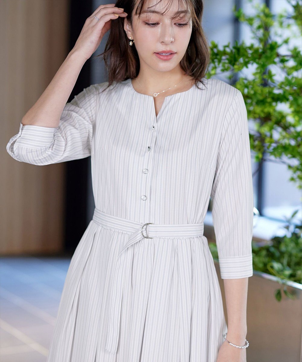 Tiaclasse L 【洗える】ベルト付きストライプワンピース 