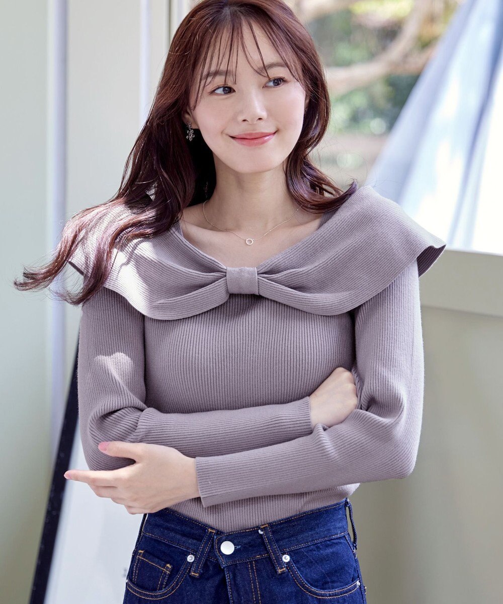 Tiaclasse リボン衿リブニットトップス 