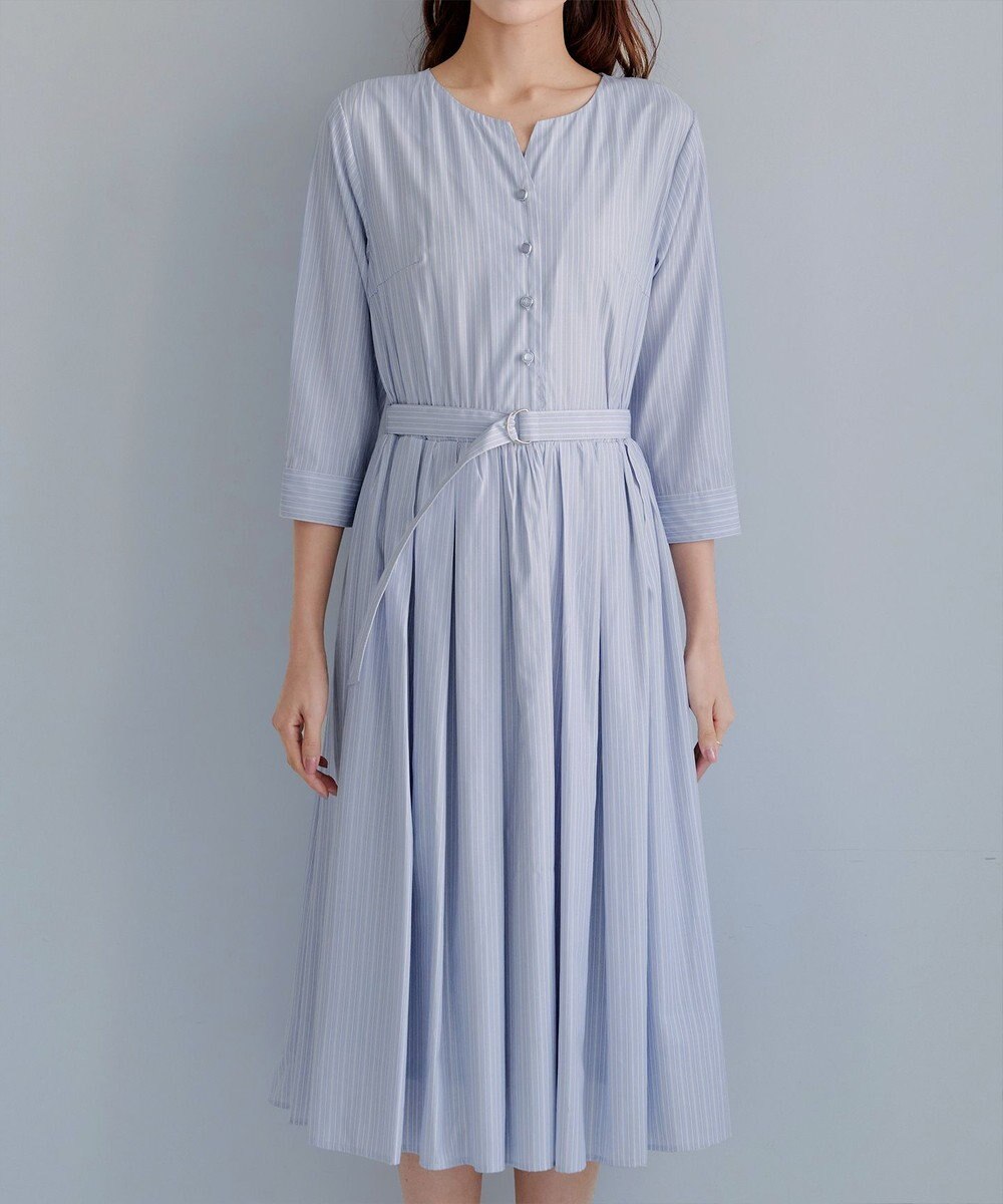 Tiaclasse L 【洗える】ベルト付きストライプワンピース 