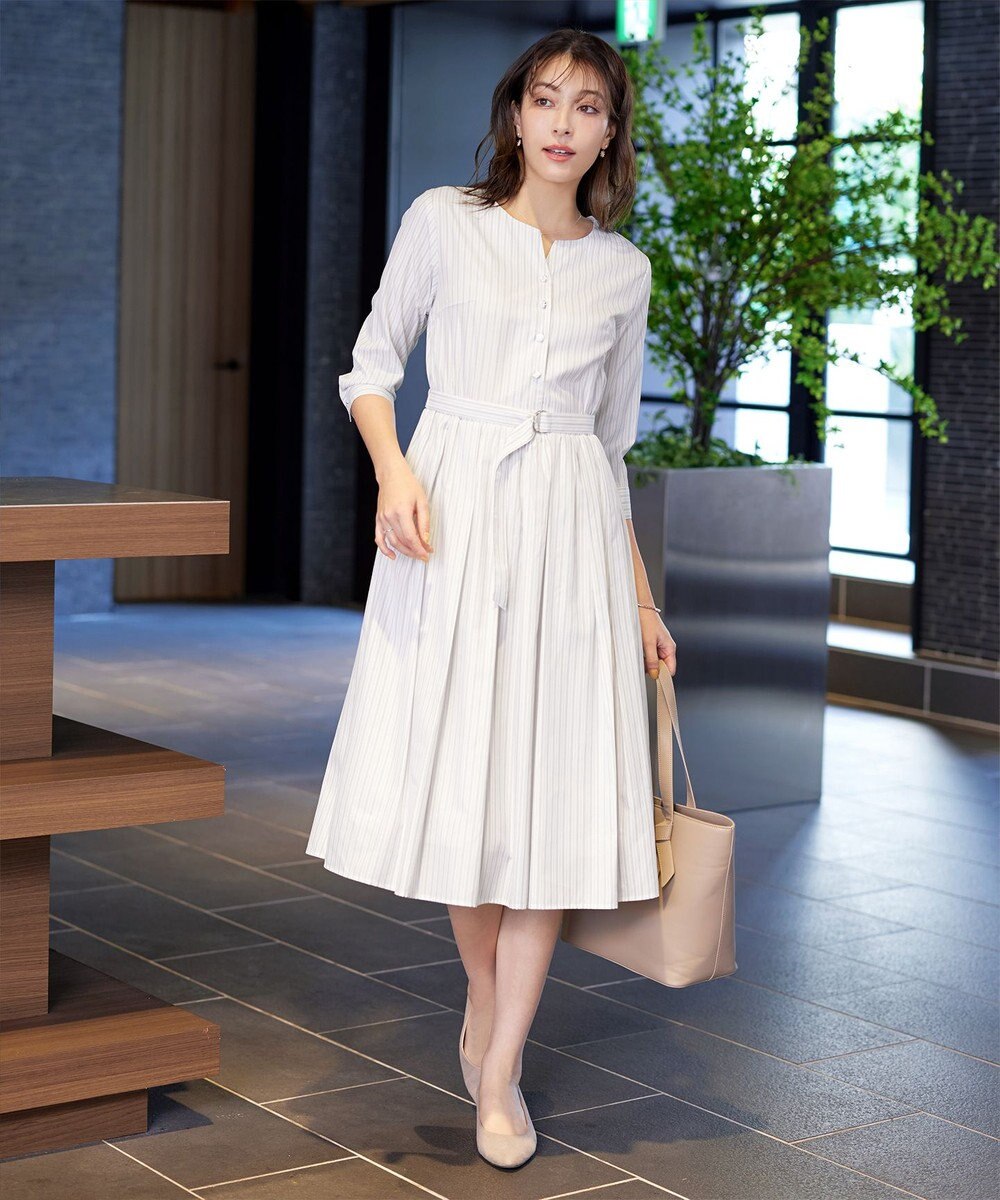 Tiaclasse L 【洗える】ベルト付きストライプワンピース 