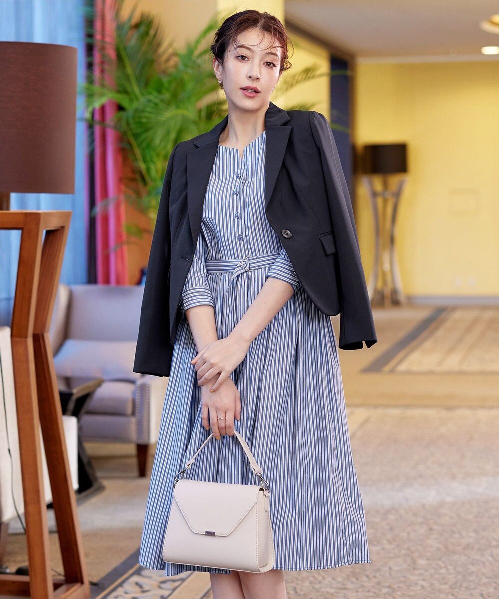 Tiaclasse 【洗える】ベルト付きストライプワンピース 