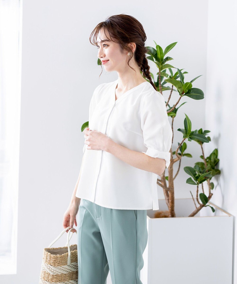 Tiaclasse L 【洗える】麻調リボン袖ブラウス 