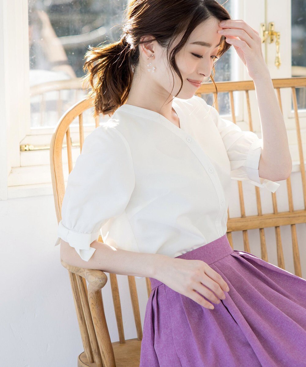 Tiaclasse L 【洗える】麻調リボン袖ブラウス 