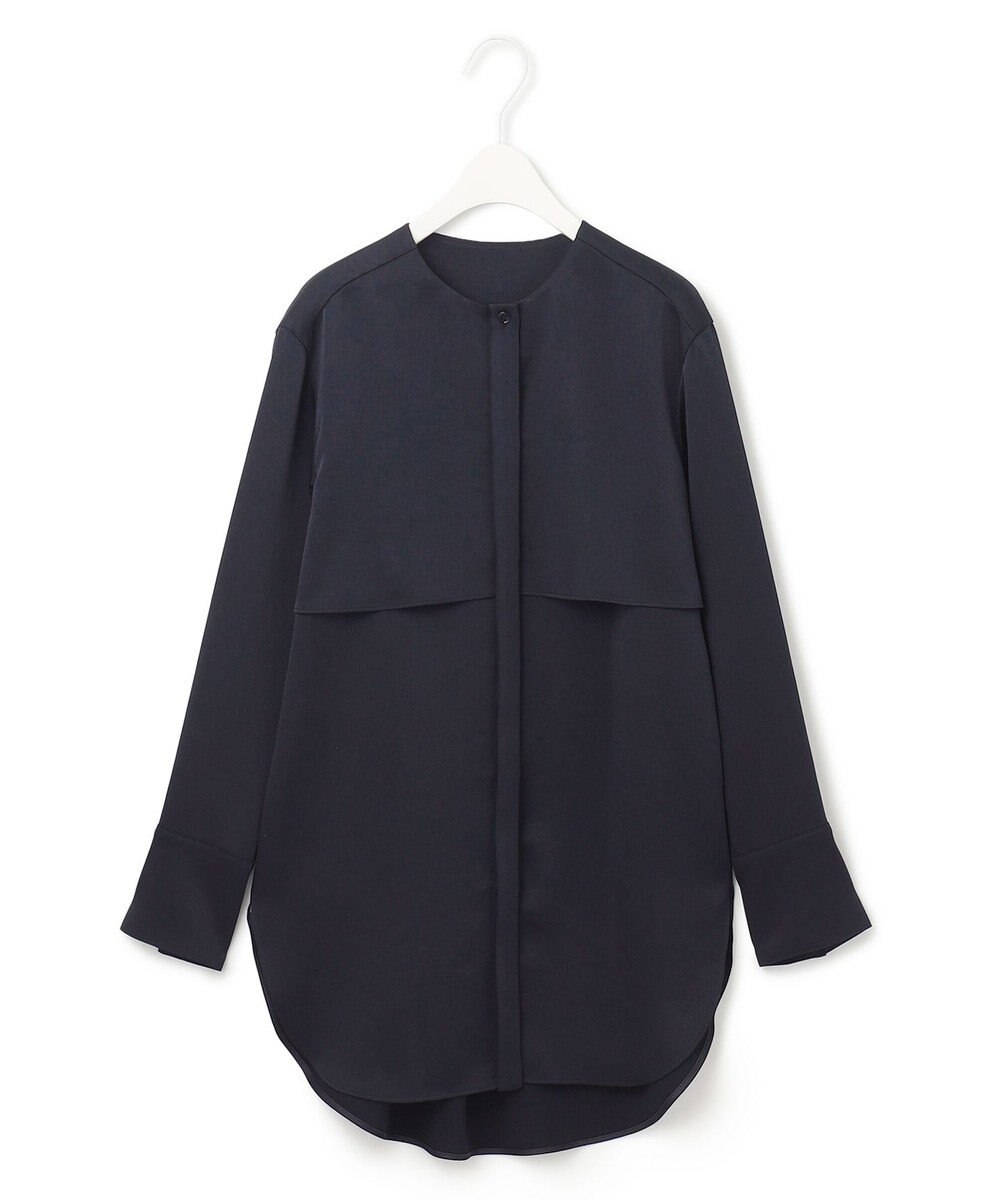 ICB L 【洗える】サテンクレープ ノーカラーブラウス 