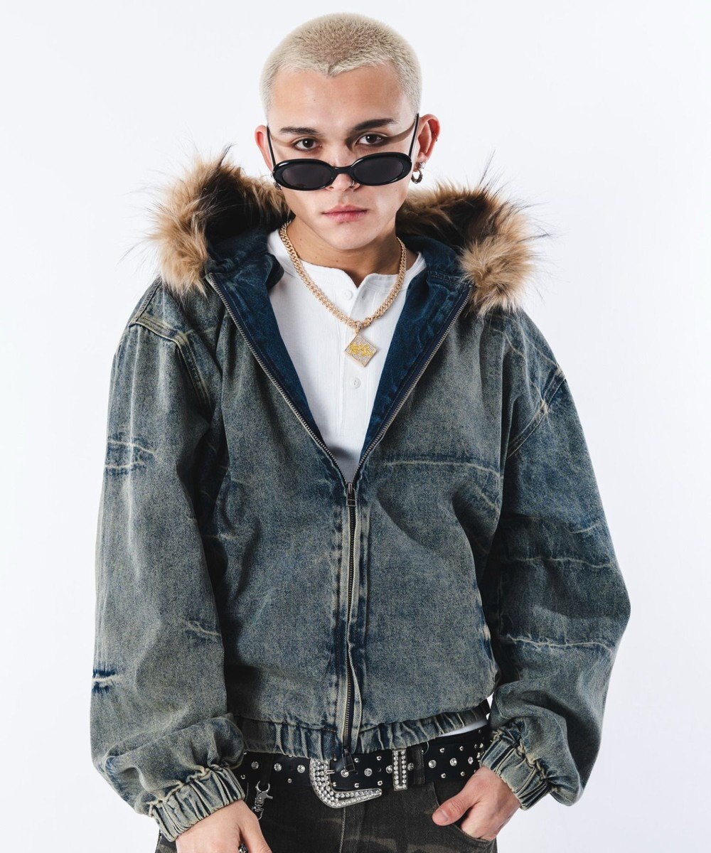 WEGO 【ユニセックス着用ITEM】ファーフードスラッシュデニムブルゾン 