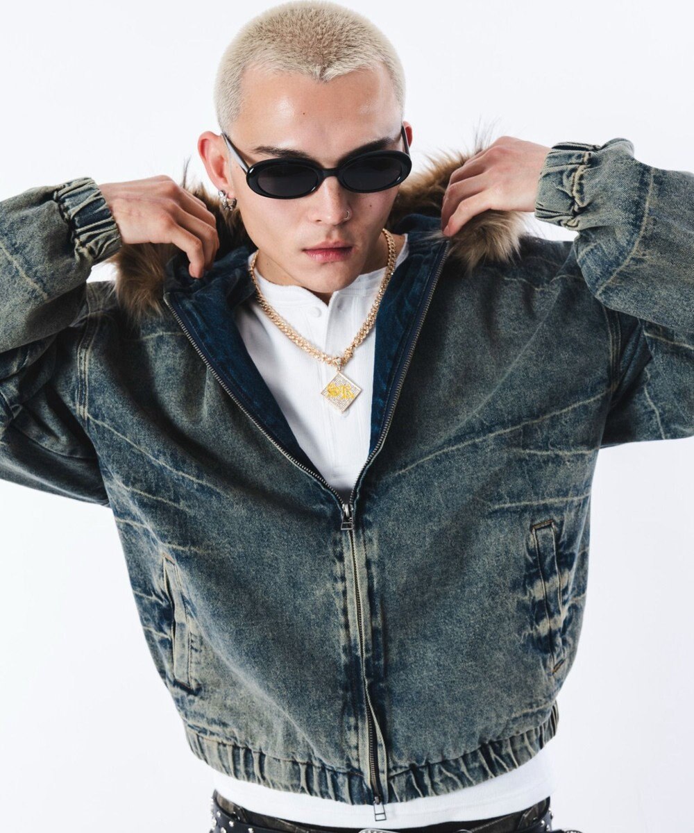 WEGO 【ユニセックス着用ITEM】ファーフードスラッシュデニムブルゾン 