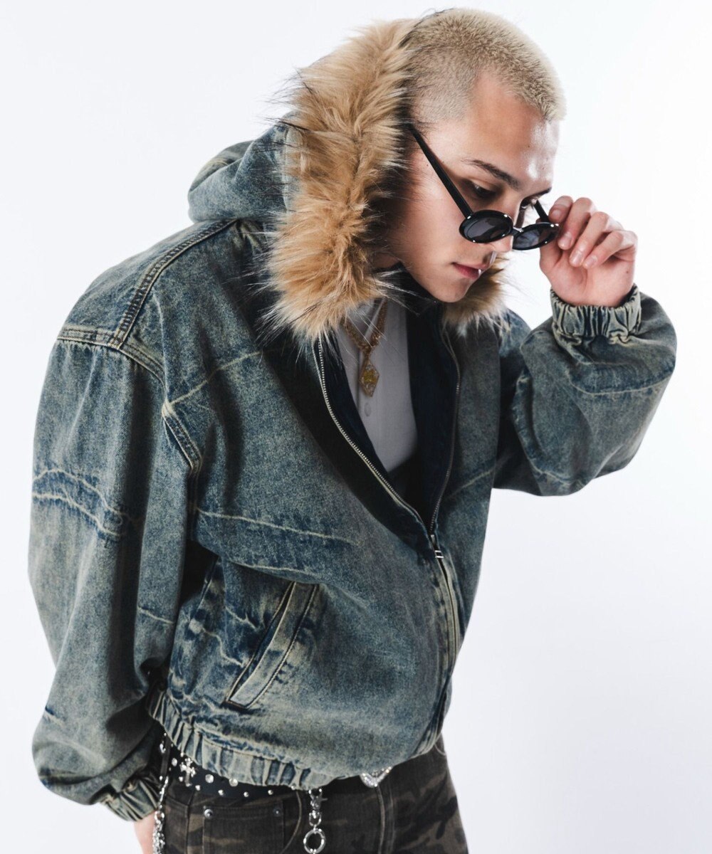 WEGO 【ユニセックス着用ITEM】ファーフードスラッシュデニムブルゾン 