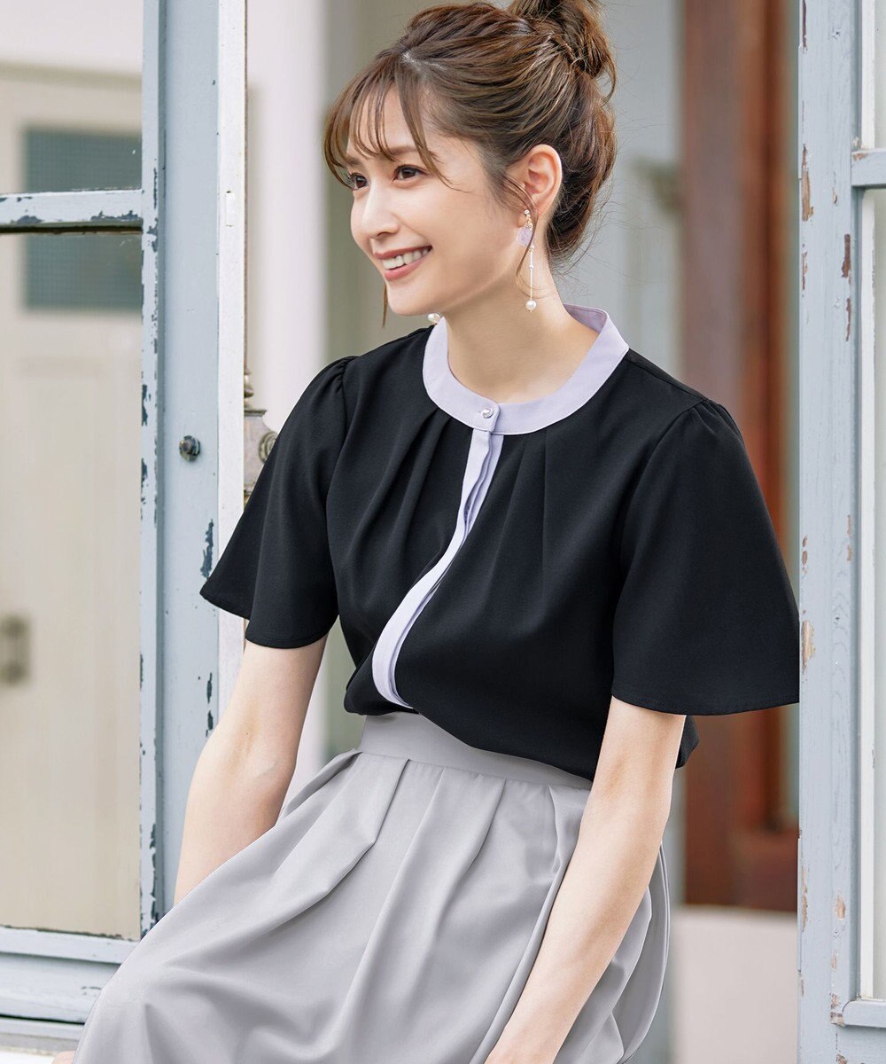 Tiaclasse L 【新色追加・洗える】フロントタック配色ブラウス 