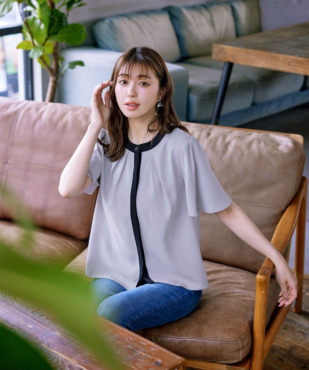 Tiaclasse L 【新色追加・洗える】フロントタック配色ブラウス 