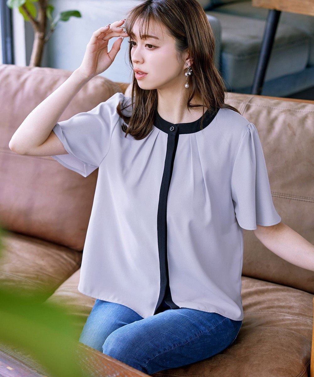 Tiaclasse L 【新色追加・洗える】フロントタック配色ブラウス 