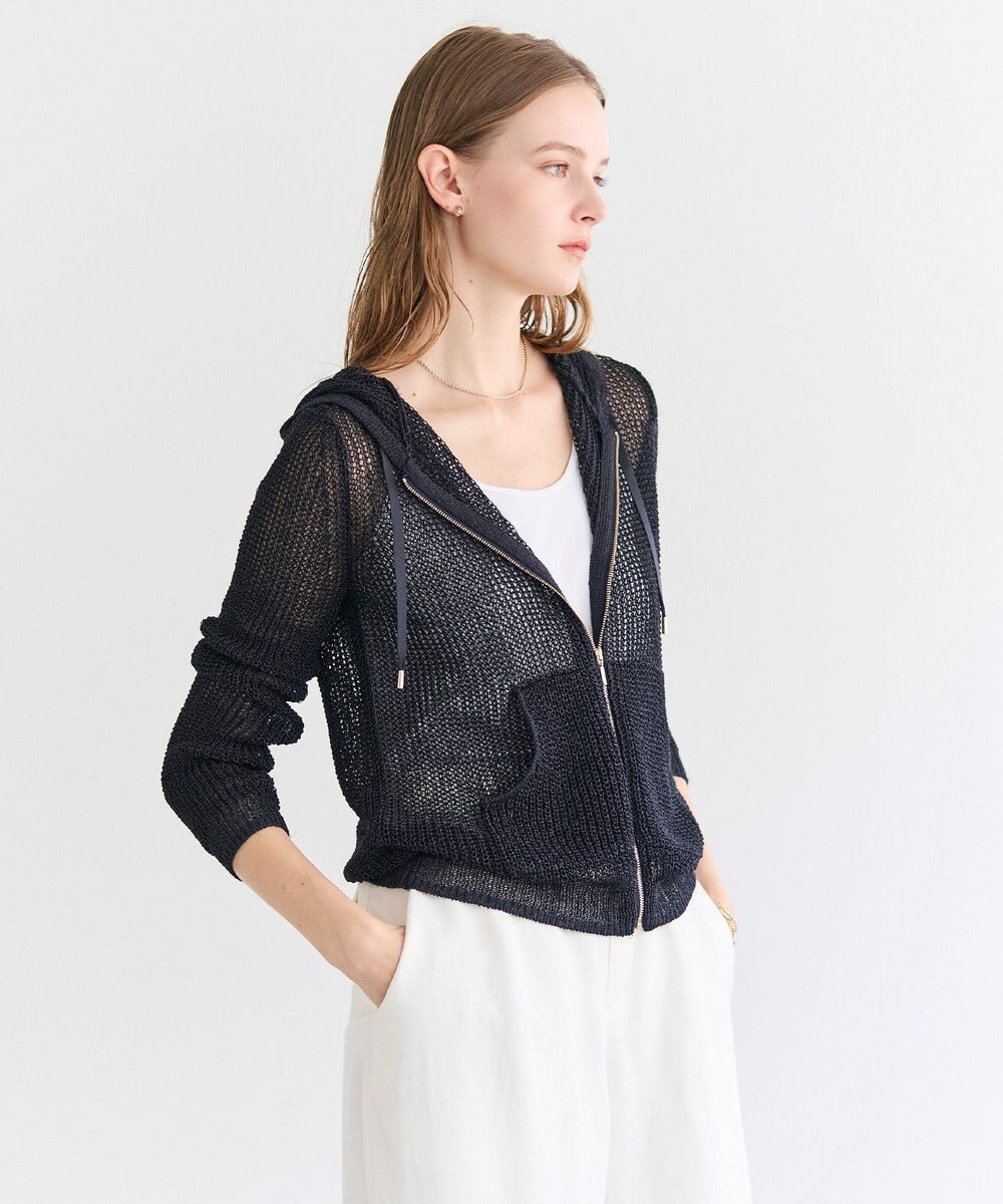 BEIGE， OPTICAL / ペーパーヤーンフーディージップニット 