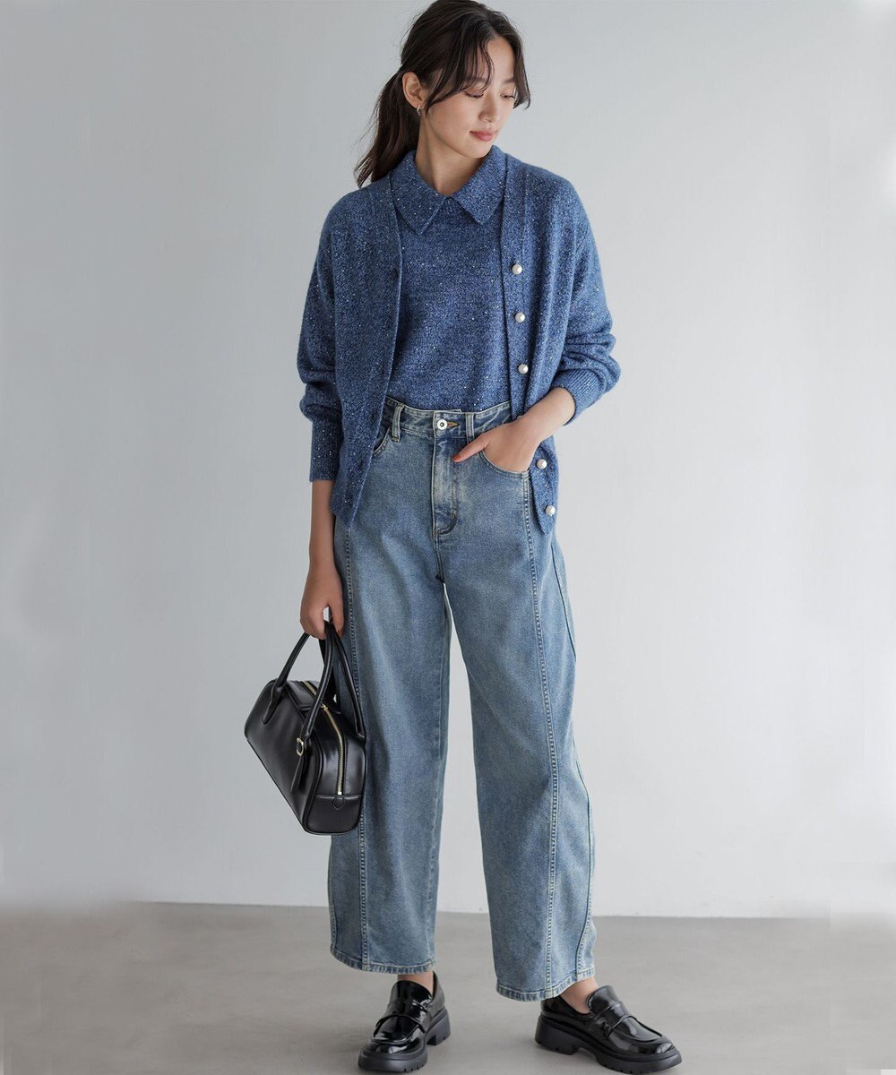 組曲 L 【加藤ローサさん着用 / 襟取り外し可】スパンコールヤーン 5分袖ニット 