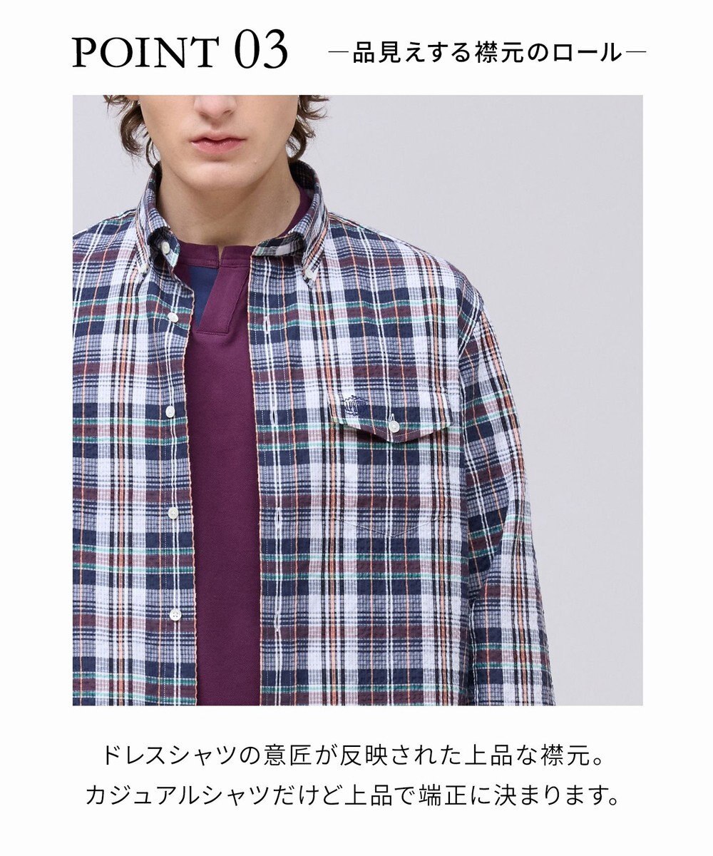 J.PRESS MEN ひんやりで品あり【吸水速乾 / 接触冷感 / 高通気性】Aero Weave クールマックス サッカー 長袖シャツ / B.D. 