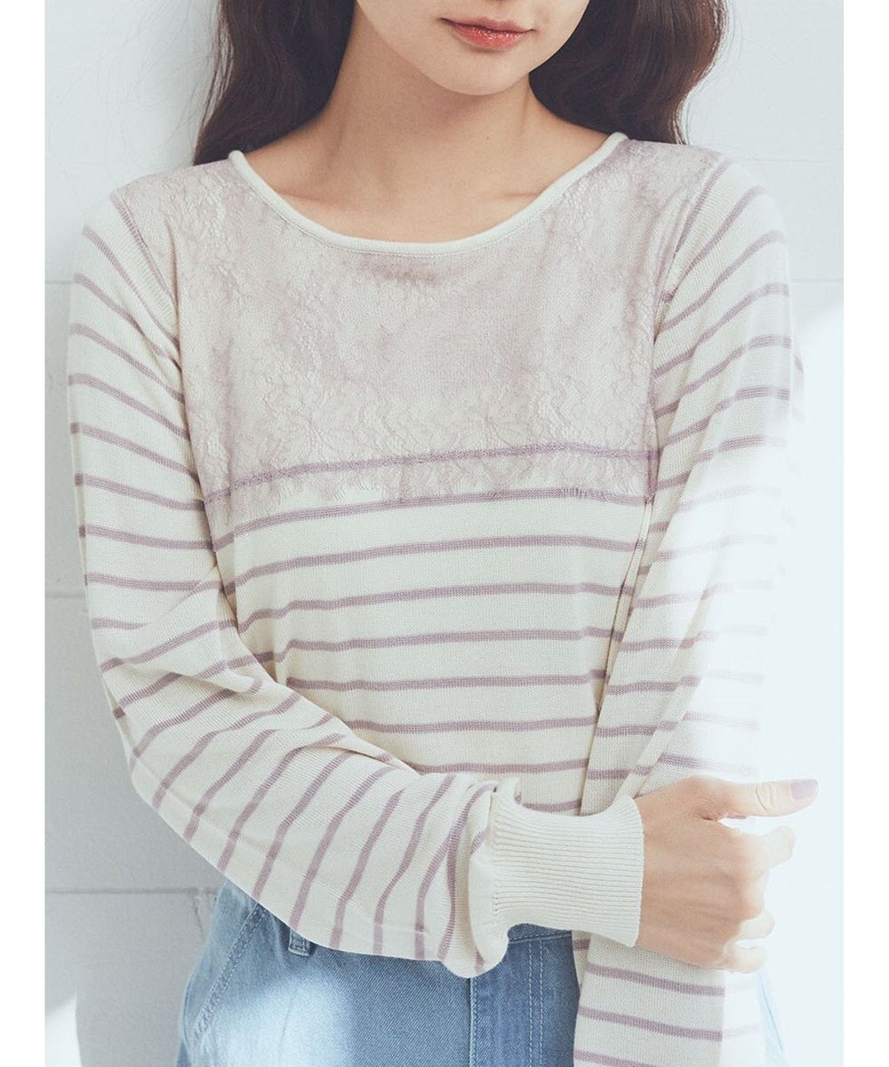 earth music&ecology レースボーダーニットプルオーバー 