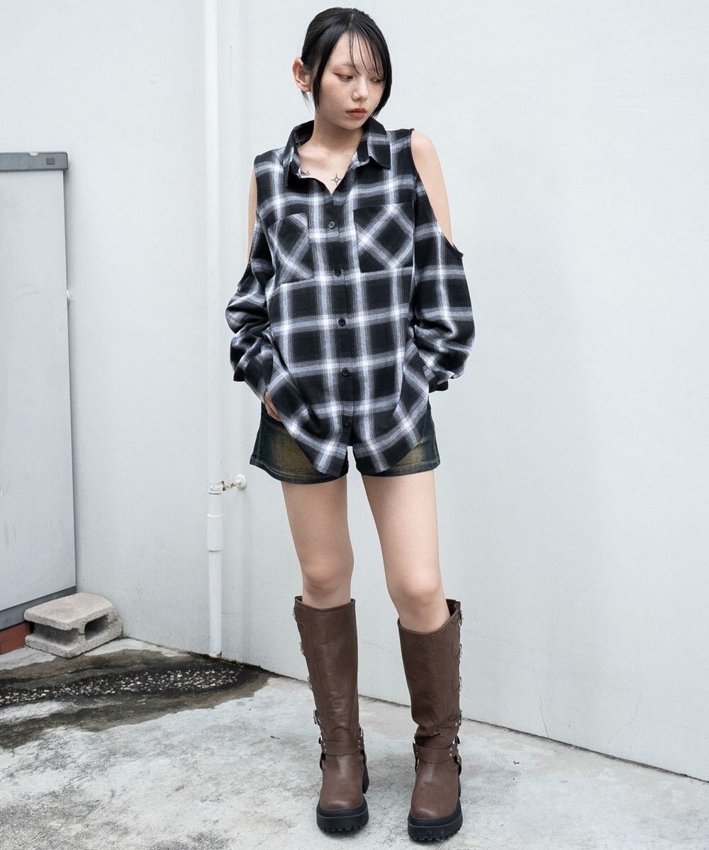 WEGO オープンショルダーチェックBIGシャツ 