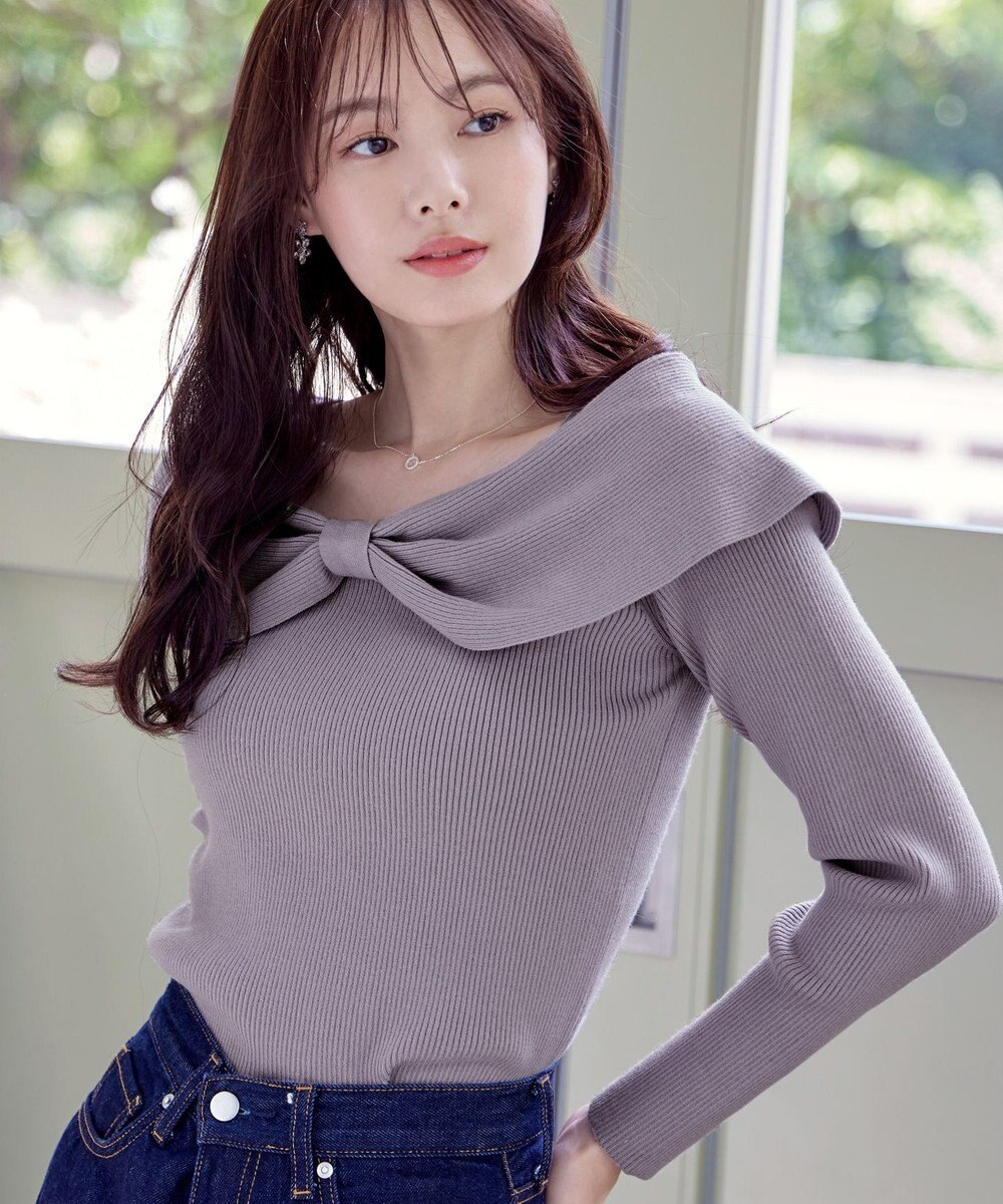 Tiaclasse リボン衿リブニットトップス 