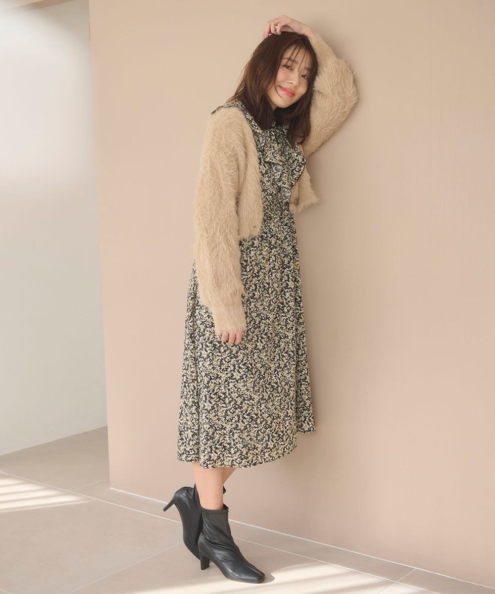 Feroux 【洗える】フラワープリントラッフル ワンピース 