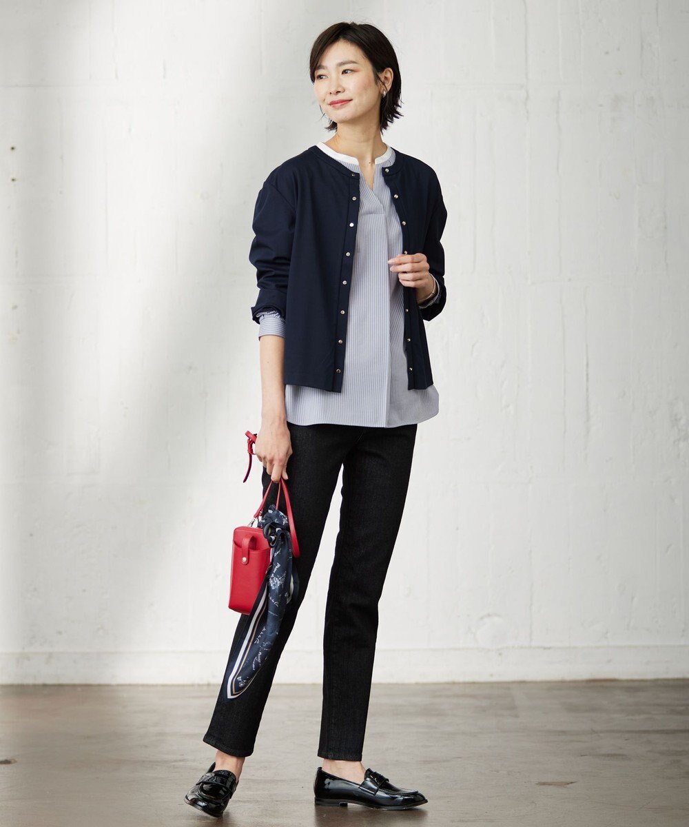 J.PRESS LADIES L ピンストライプジャージー バンドカラー スキッパー カットソー 