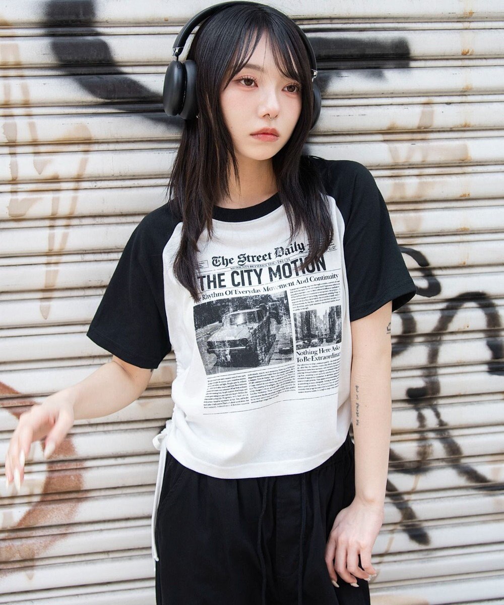WEGO グラフィックサイドリボンドロストショートT 