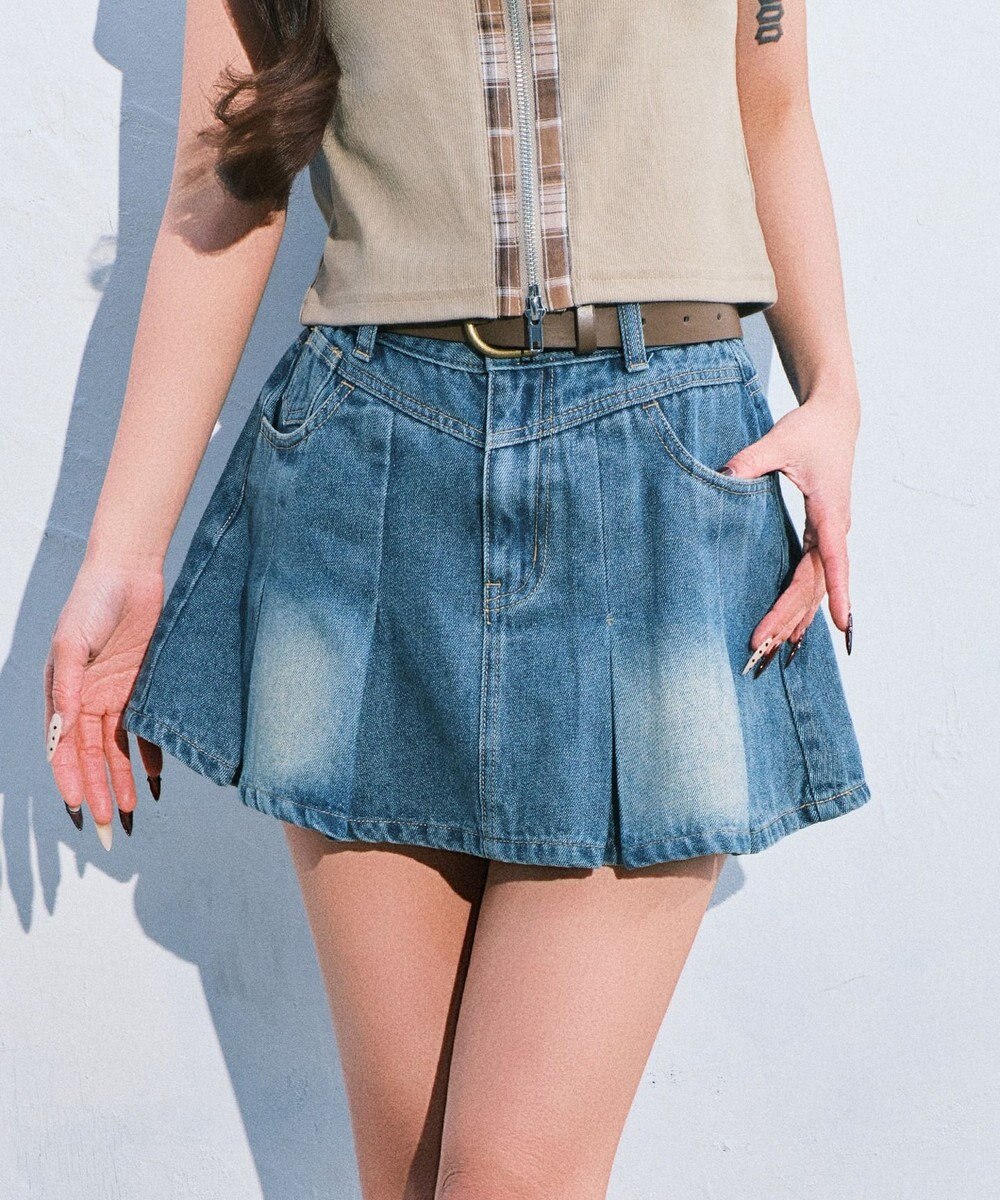 WEGO ベルト付きウォッシュドデニムミニスカパン 