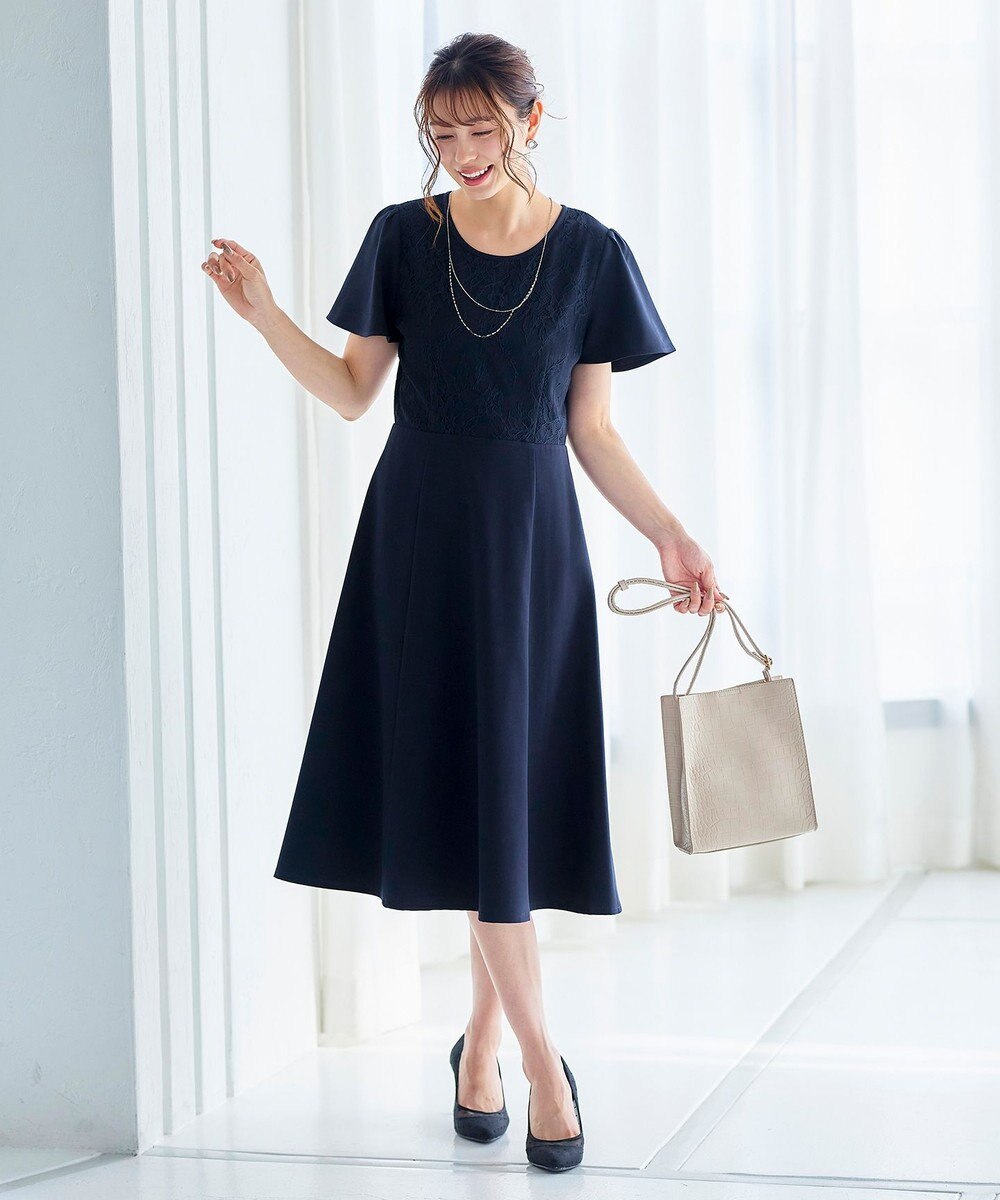 Tiaclasse 【洗える】フレアスリーブレースコンビワンピース 