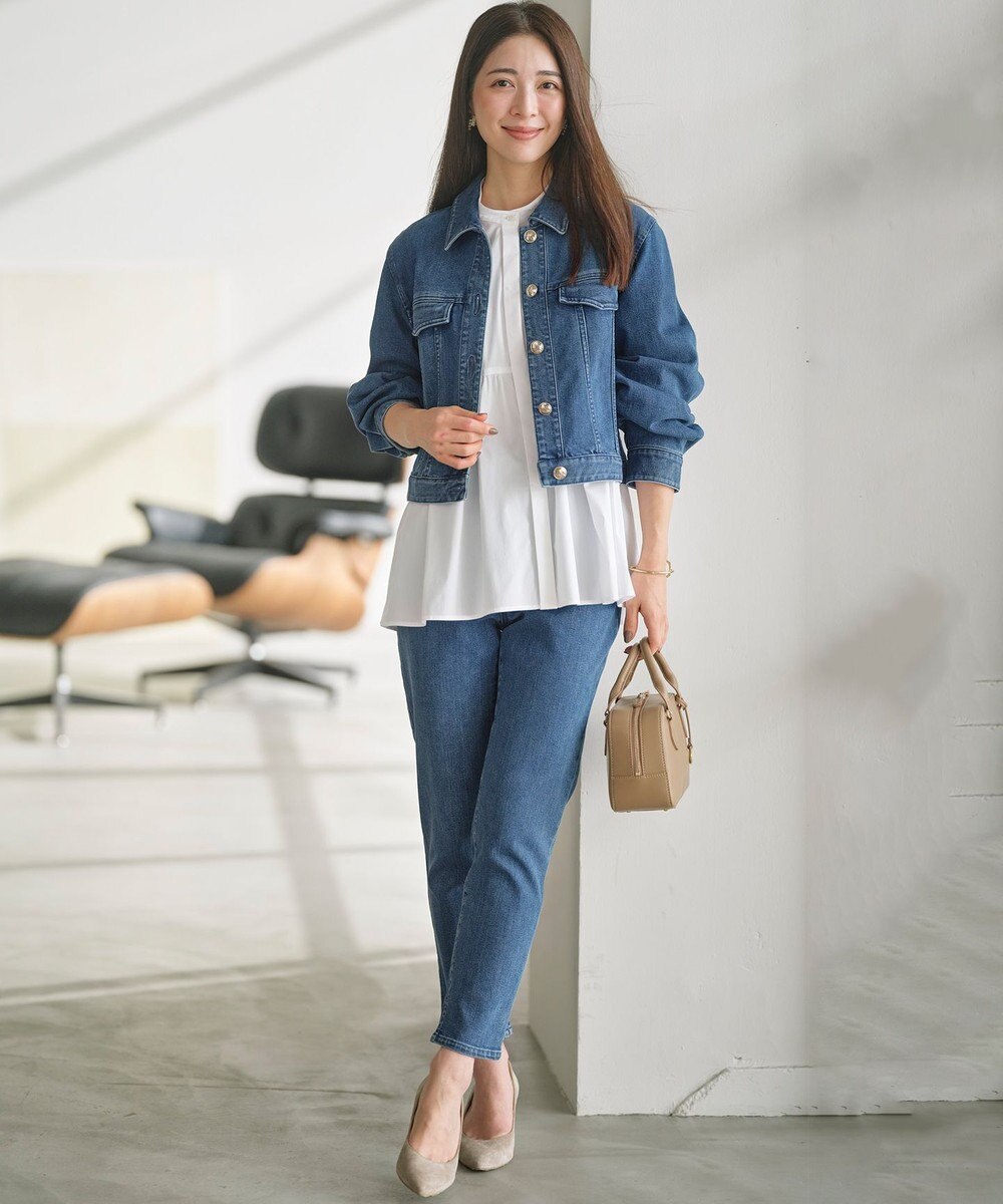 組曲 ライトデニム ベルト付きストレートパンツ 