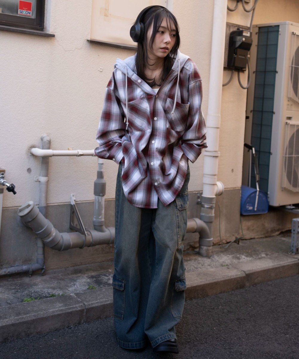 WEGO 【ユニセックス着用ITEM/MLサイズ展開】オンブレチェックフードシャツ（LS） 