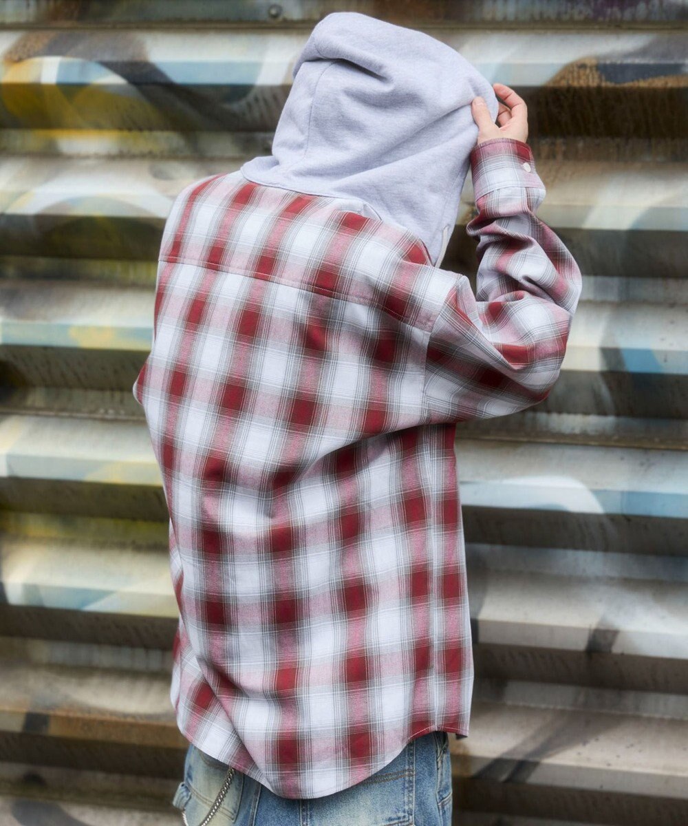 WEGO 【ユニセックス着用ITEM/MLサイズ展開】オンブレチェックフードシャツ（LS） 