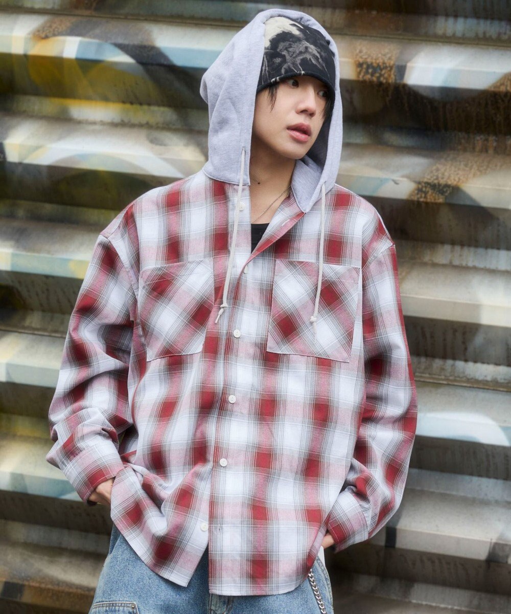 WEGO 【ユニセックス着用ITEM/MLサイズ展開】オンブレチェックフードシャツ（LS） 