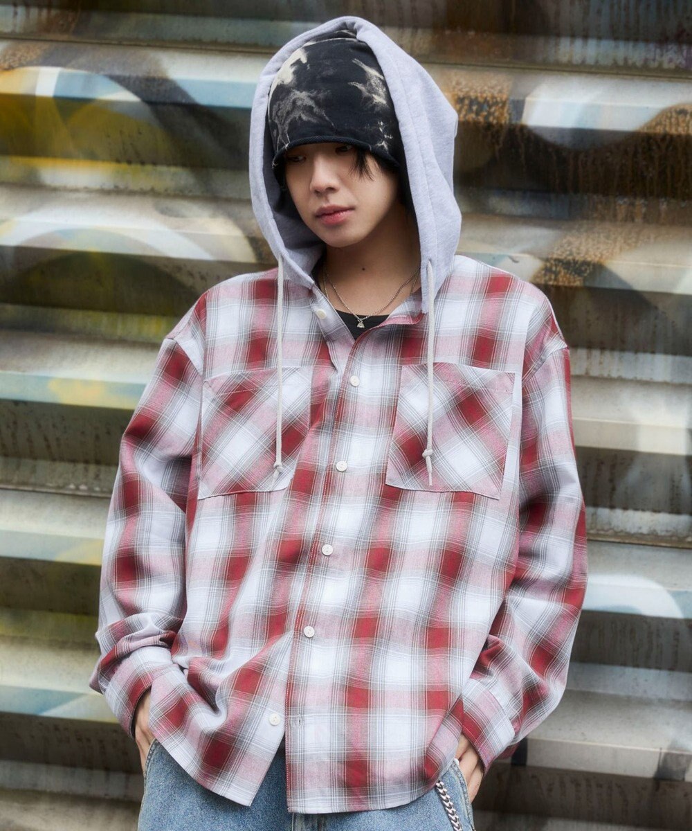 WEGO 【ユニセックス着用ITEM/MLサイズ展開】オンブレチェックフードシャツ（LS） 