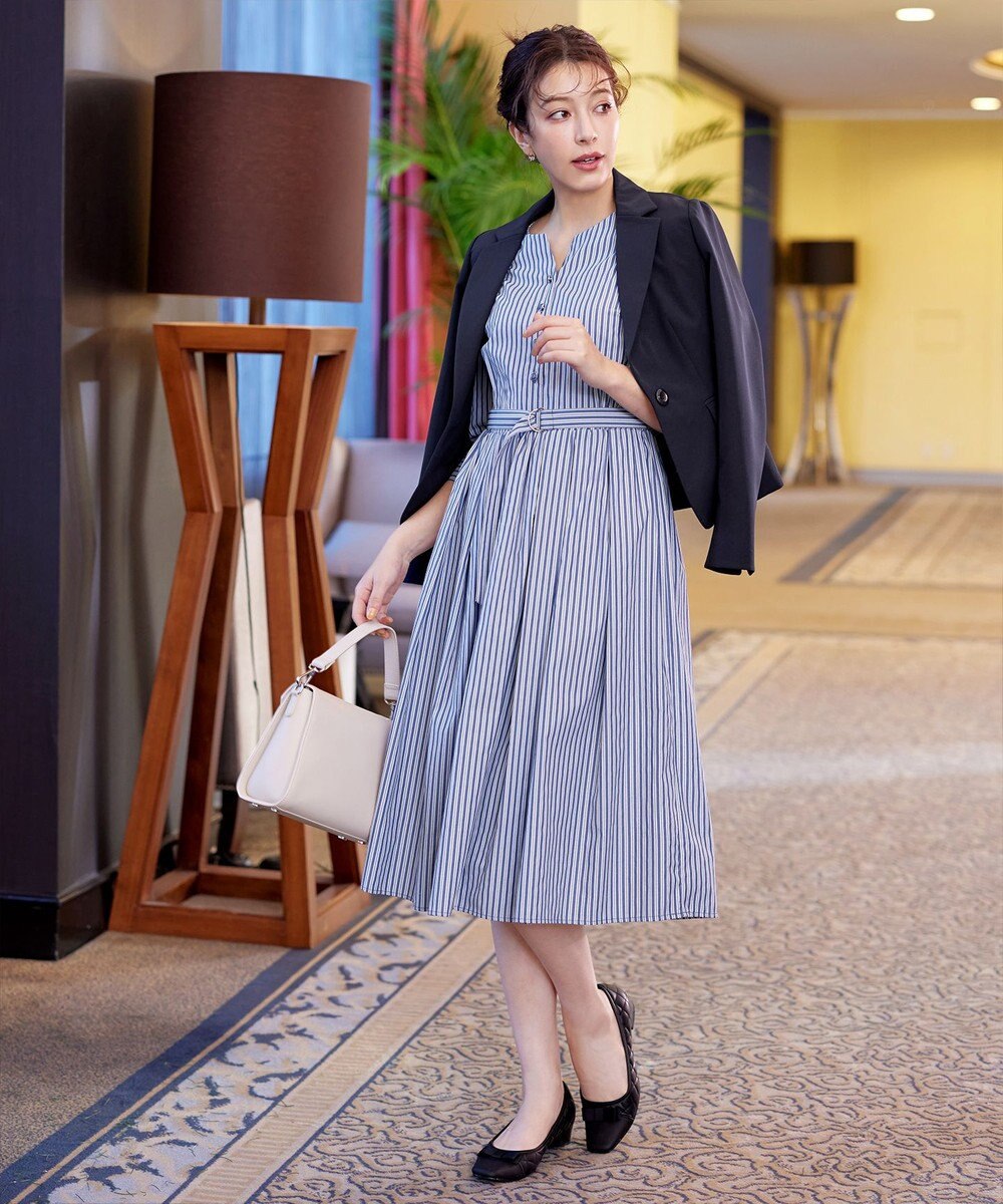 Tiaclasse L 【洗える】ベルト付きストライプワンピース 