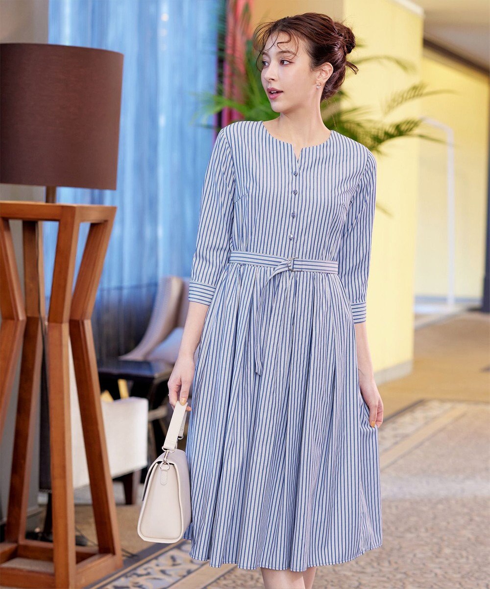 Tiaclasse L 【洗える】ベルト付きストライプワンピース 
