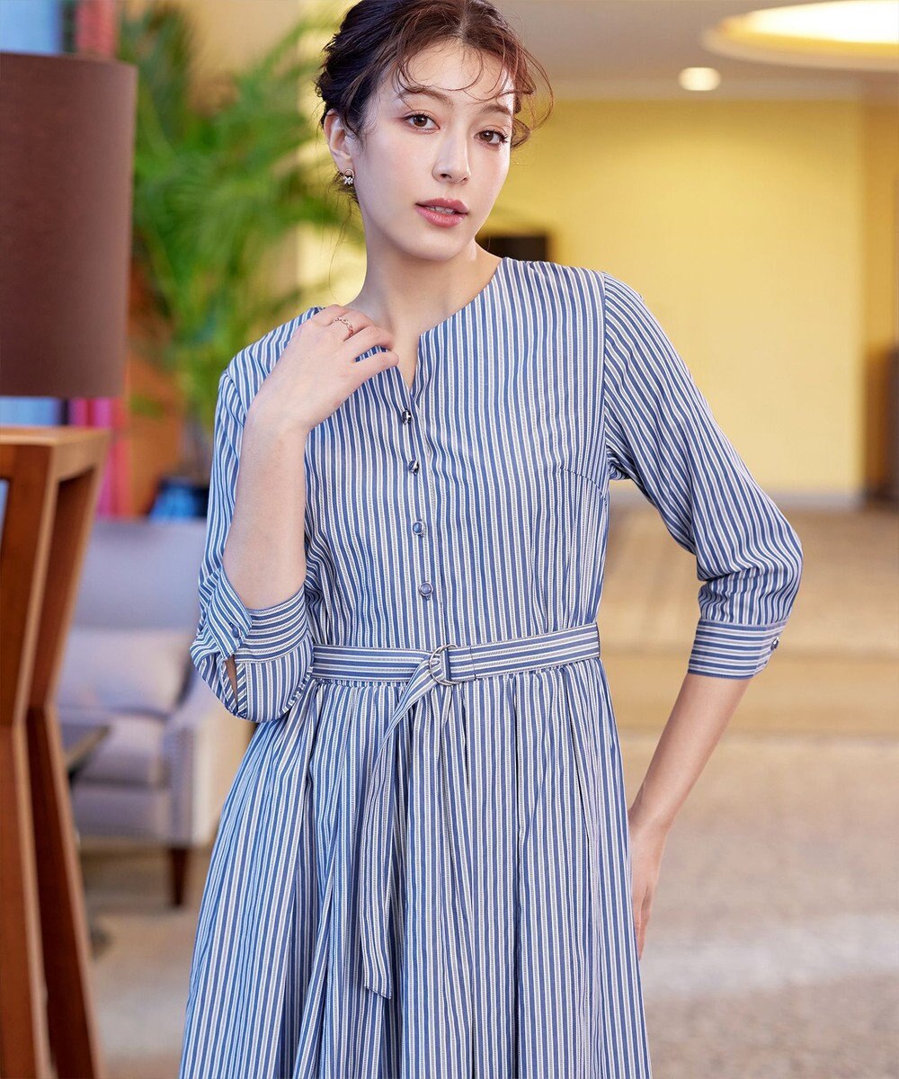 Tiaclasse L 【洗える】ベルト付きストライプワンピース 