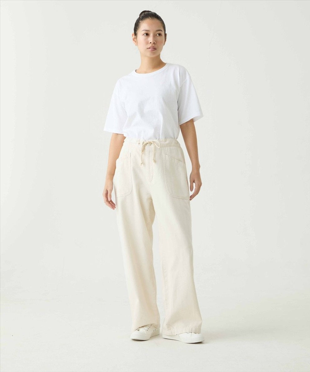 caqu color linen easy wide カラーコットンリネンウエストゴムワイドストレート 