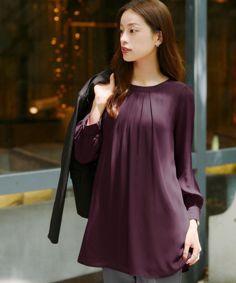 Tiaclasse L 【新色追加・洗える】裏起毛ジョーゼット胸元タックチュニックブラウス 