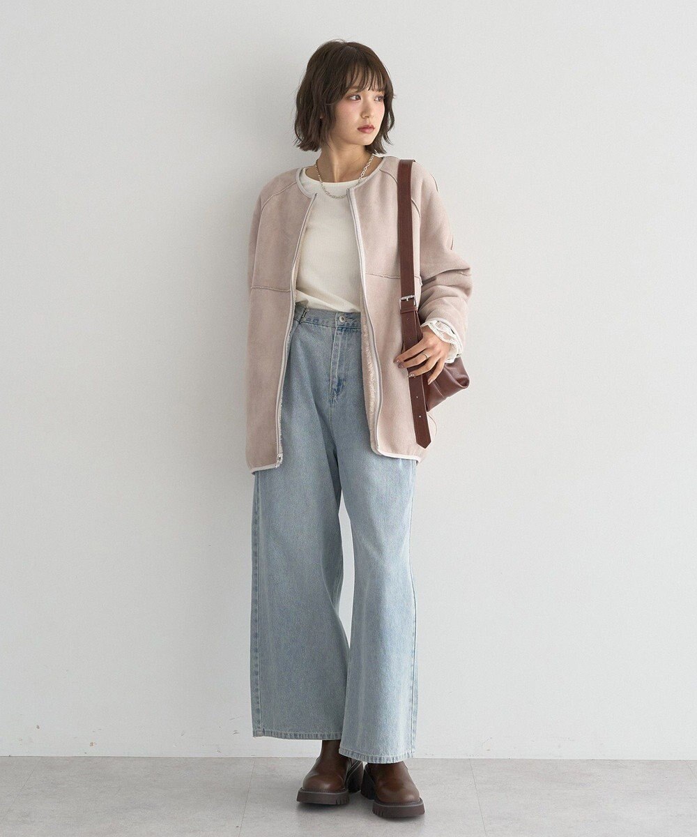 earth music&ecology 【リバーシブル】ノーカラーフェイクムートンコート 