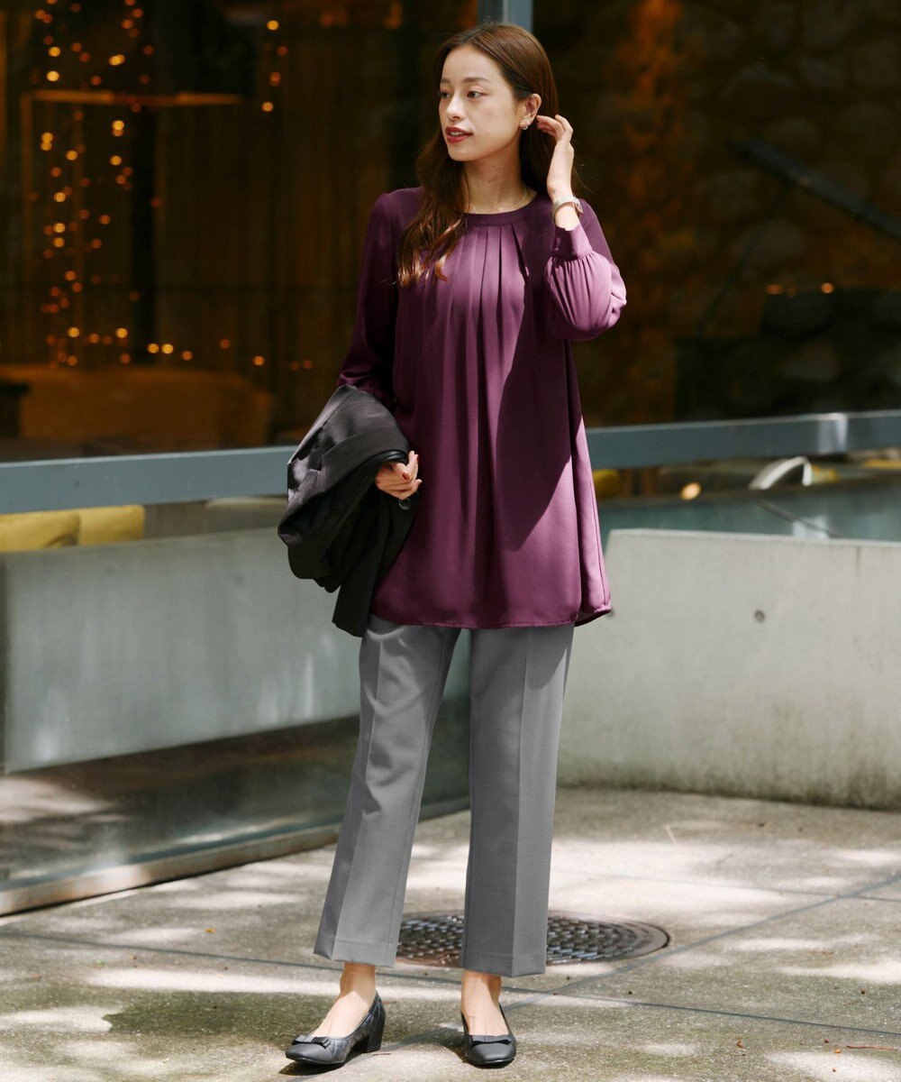 Tiaclasse L 【新色追加・洗える】裏起毛ジョーゼット胸元タックチュニックブラウス 