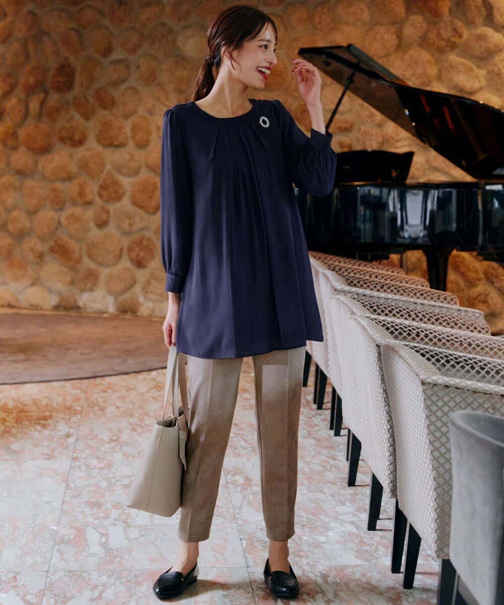 Tiaclasse L 【新色追加・洗える】裏起毛ジョーゼット胸元タックチュニックブラウス 