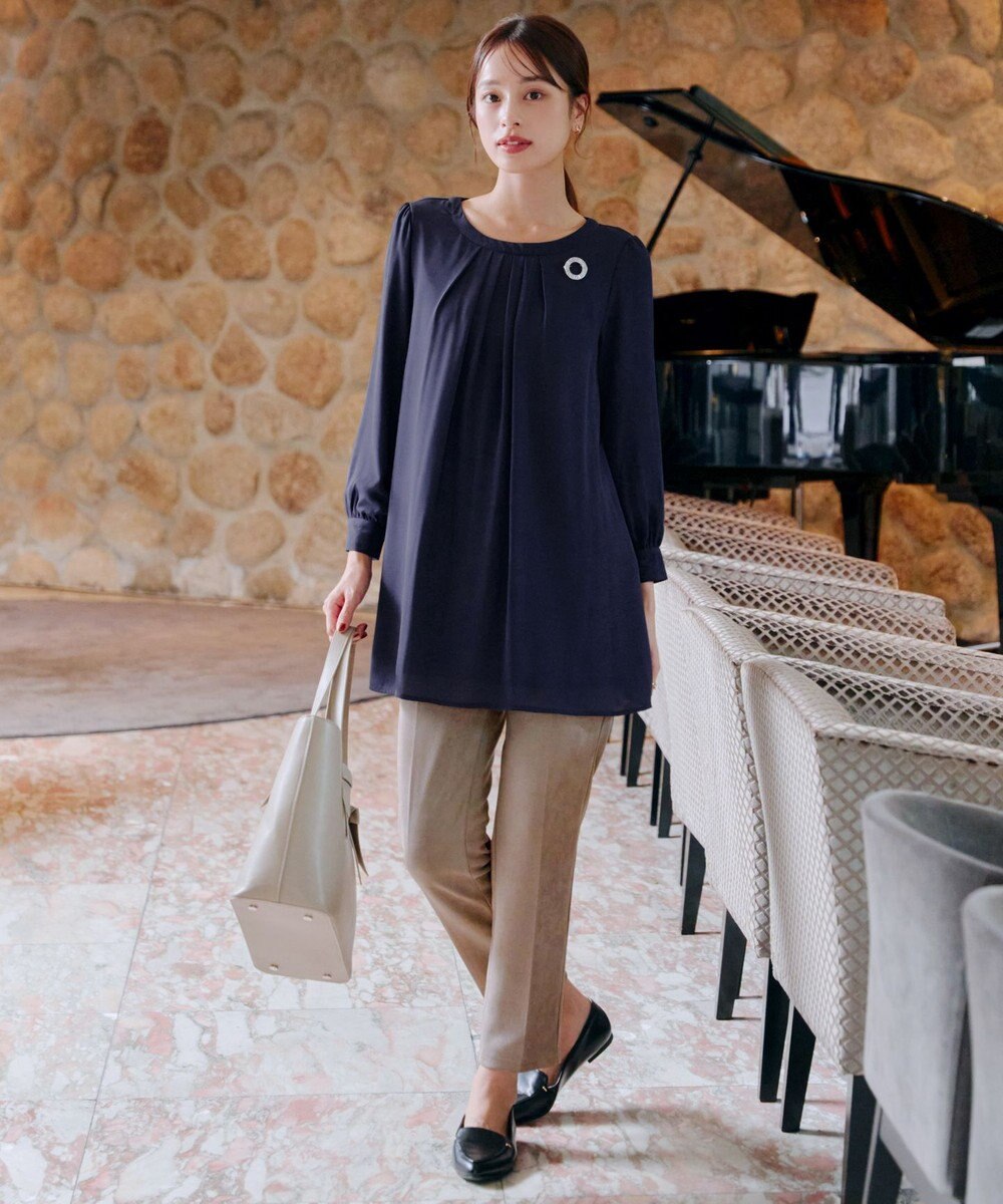 Tiaclasse L 【新色追加・洗える】裏起毛ジョーゼット胸元タックチュニックブラウス 