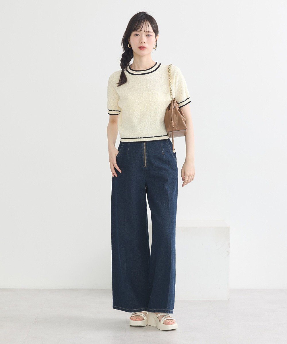 earth music&ecology バイカラーフラワージャガードニットプルオーバー 