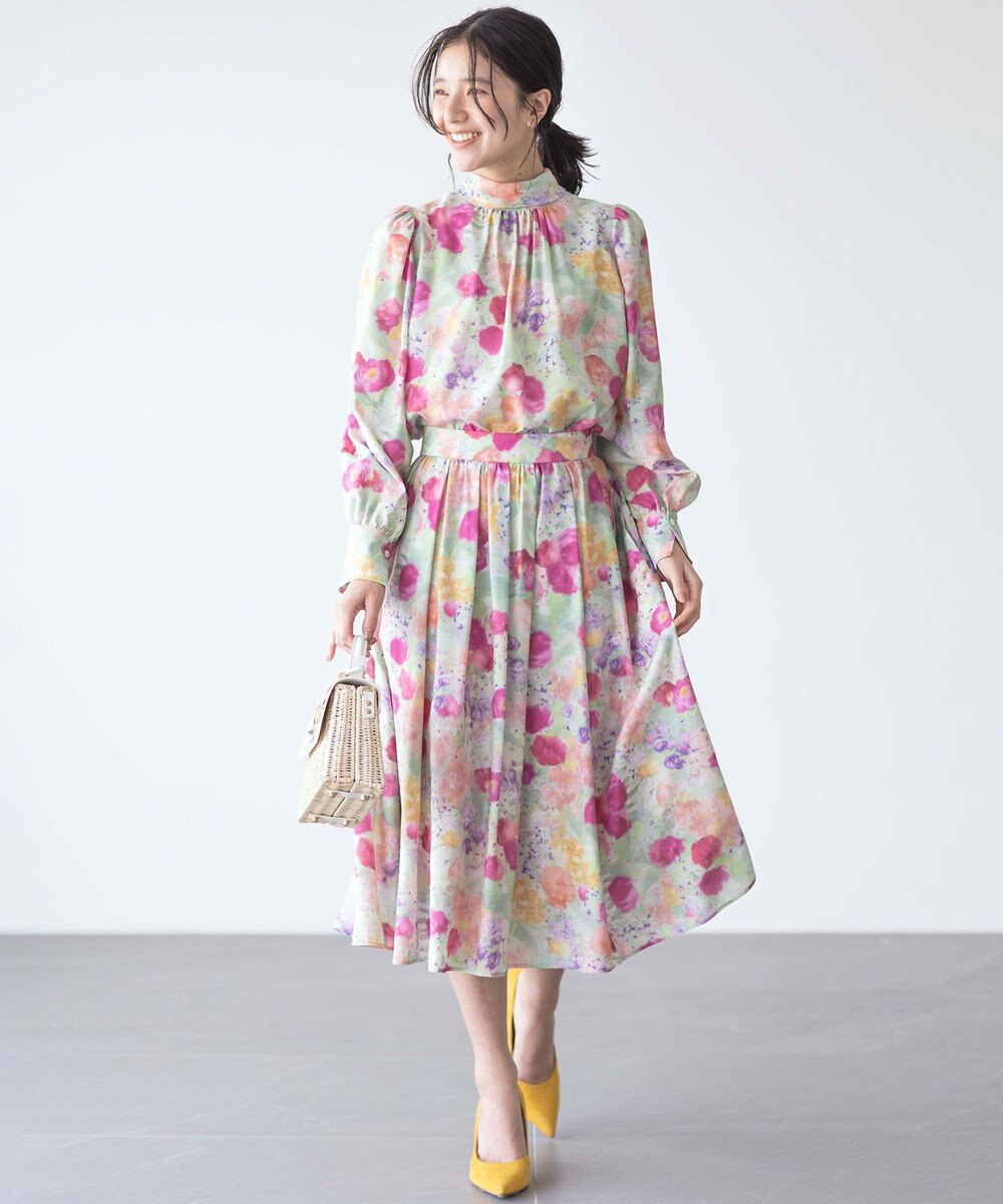 組曲 【前後着用可】ピオニーシフォンプリント ボウタイブラウス 