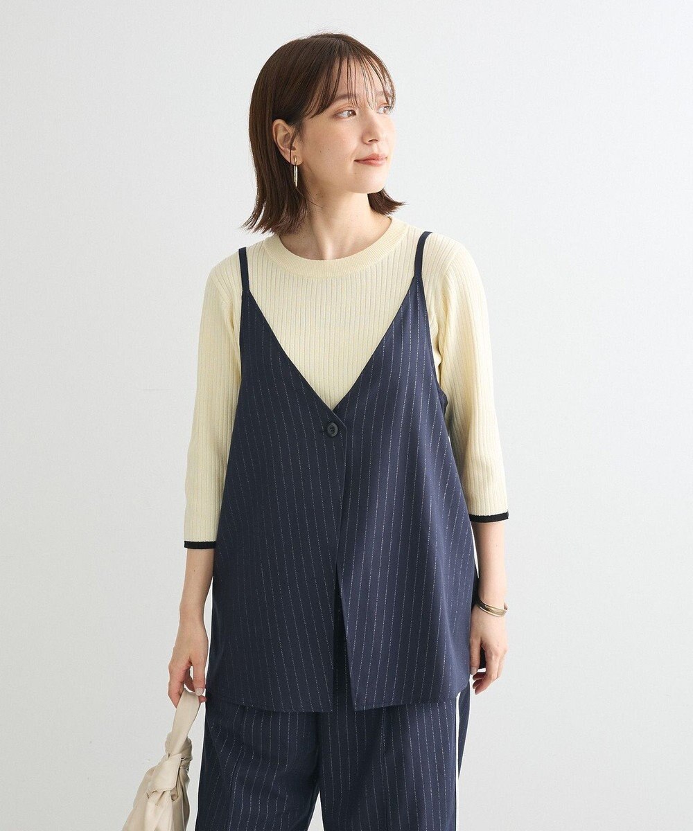 Green Parks ＢＰ　袖口カラーリブ７分袖ニットプルオーバー 