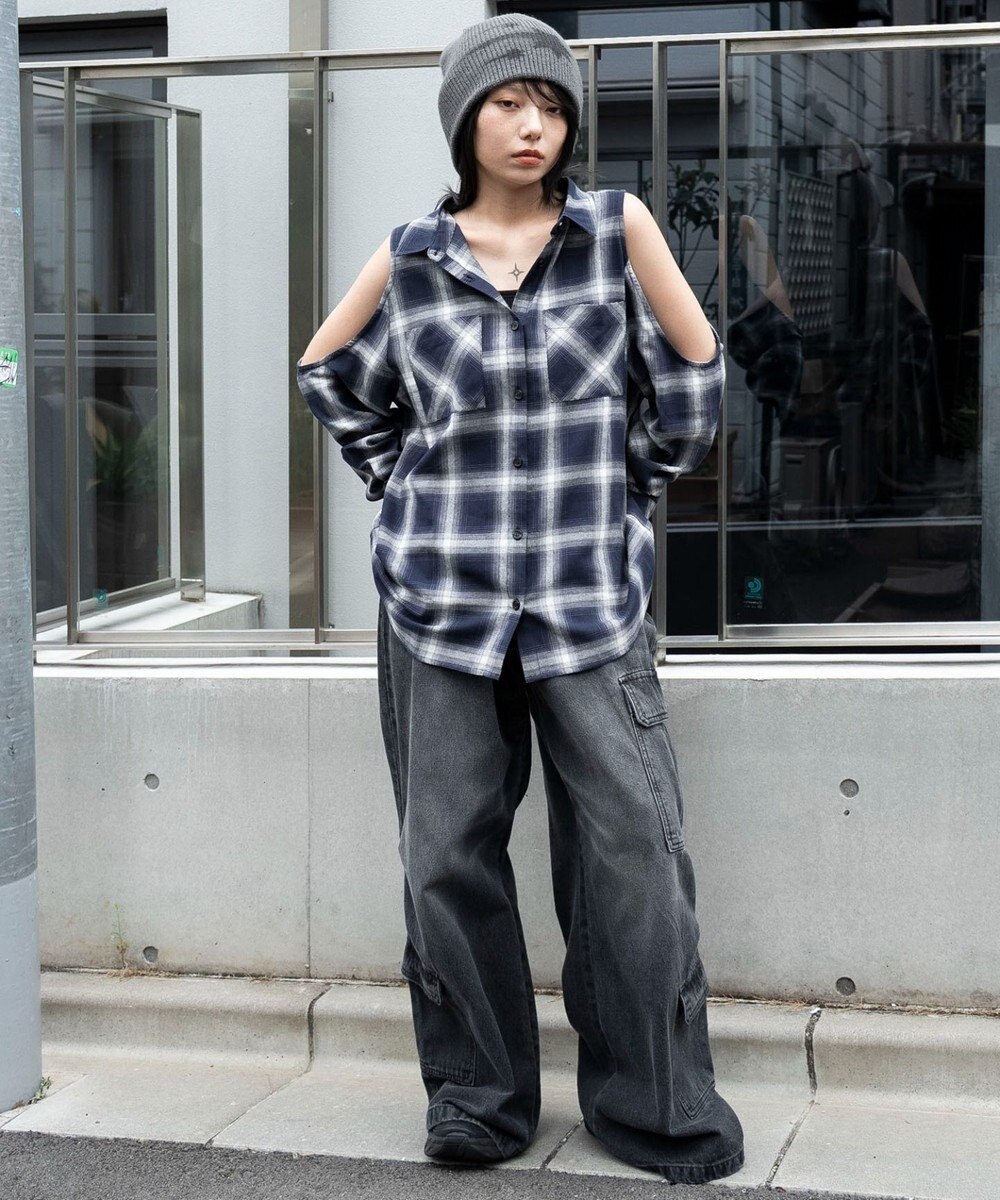 WEGO オープンショルダーチェックBIGシャツ 