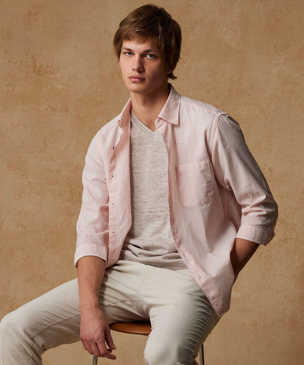 JOSEPH ABBOUD 【サスティナブル・７分袖】コットンリヨセルリネンコードストライプ シャツ 